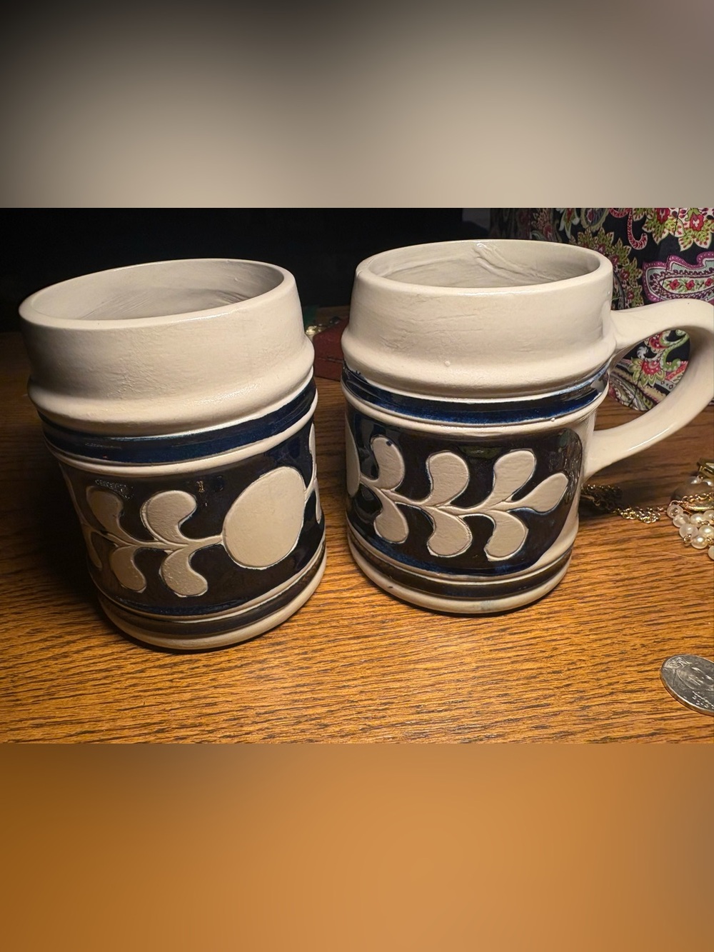 Two Williamsburg Ceramic Mugs Colonial Navy Blue Grey Salt Glaze Floral